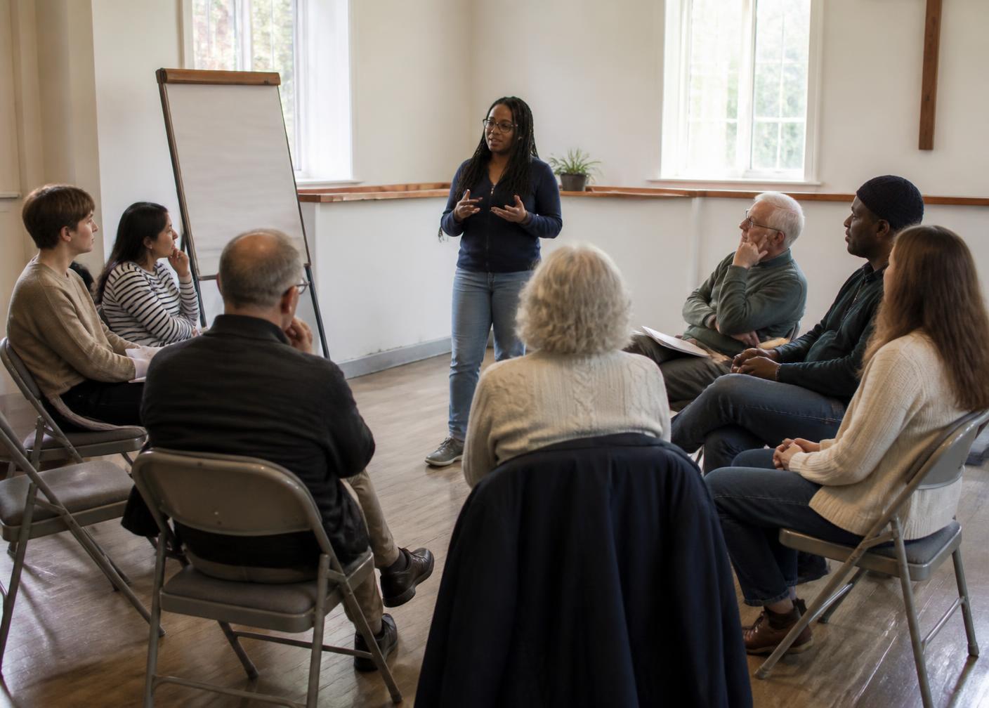 A facilitator speaking to a small group at a community awareness session