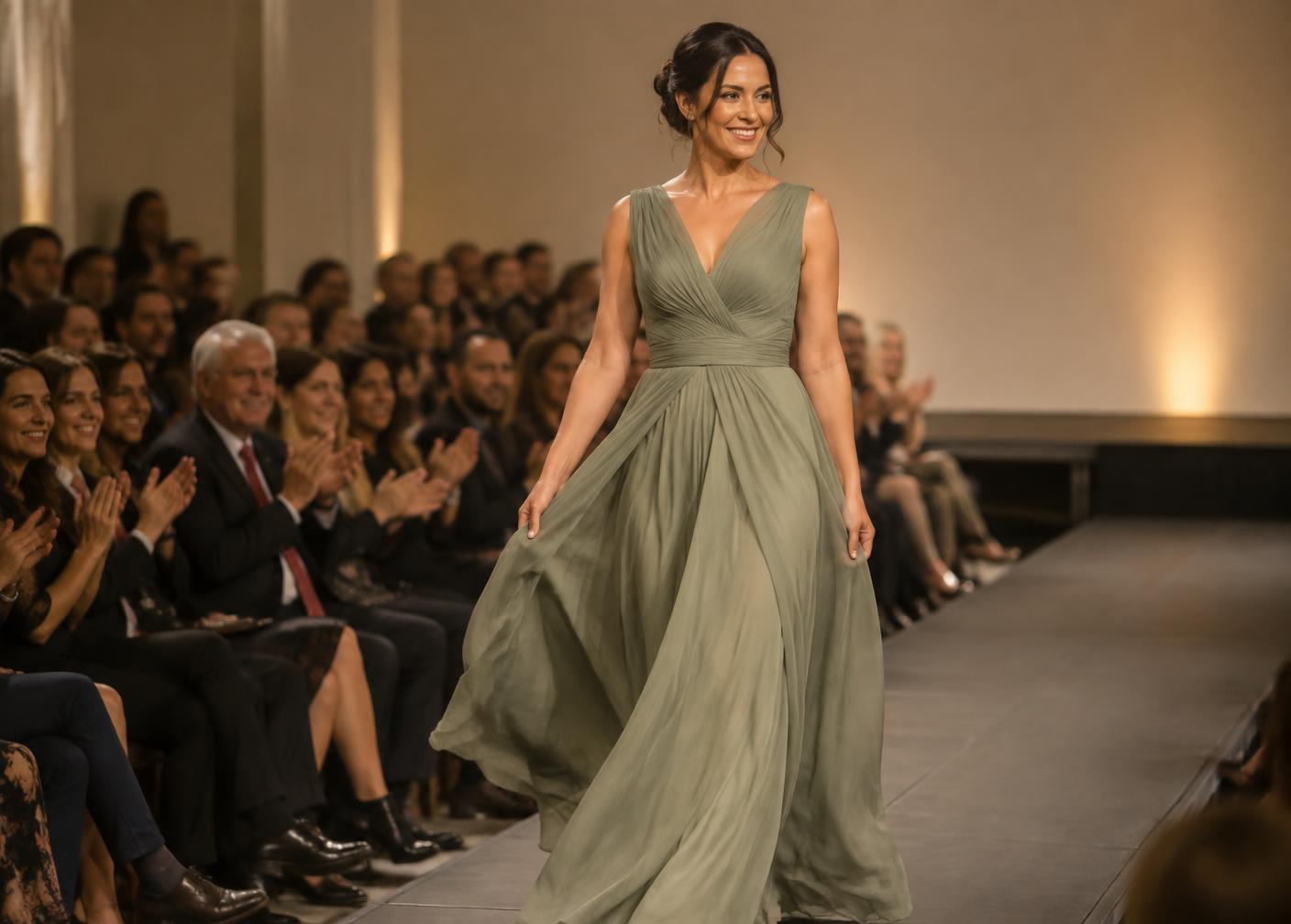 A model walking the runway in a flowing dress at the community fashion showcase