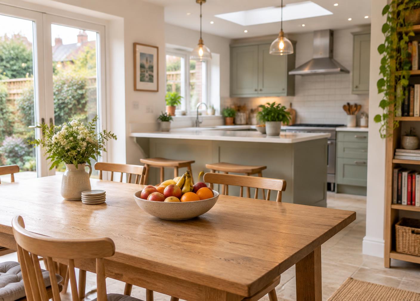 A bright kitchen and dining space in a family home